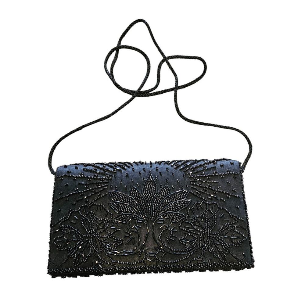 Vintage 1990s Partners by Mervyns Black Beaded Formal Shoulder Bag Purse
